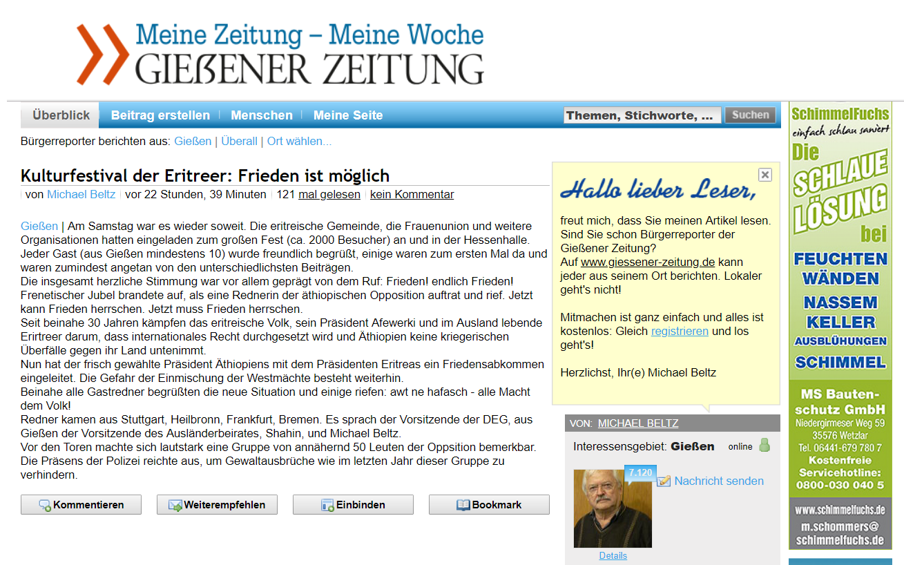 Dehai Giessener Zeitung Kulturfestival Der Eritreer Frieden Ist Moglich Von Herrn Michael Beltz